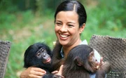 Liz Bonnin and Bonobo infants, Kinshasa in Democratic Republic of Congo, 2014