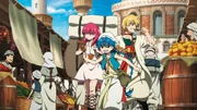 Gemeinsam mit Aladdin (2.v.r.) und dem Sklavenmädchen Morgiana (4.v.r.) macht sich der junge Zauberer Aladdin (M.) auf die Suche nach einem Schatz und erlebt dabei eine Menge Abenteuer ...