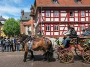 Es ist eine der schönsten Pferdeprozessionen Bayerns, der Gangolfsritt im unterfränkischen Amorbach. Rund hundert Rösser, alle prächtig geschmückt, ziehen durch die historische Stadt im Odenwald, um anschließend gesegnet zu werden.
