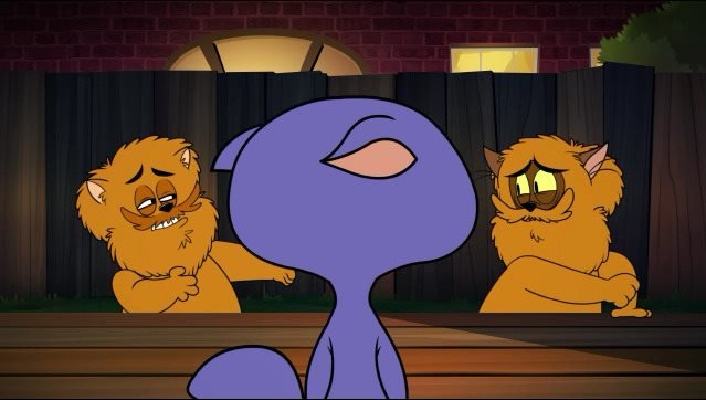 First and second from the left: Patches the Weredude (voiced by Eric Bauza), Elvira (voiced by Kari Wahlgren)