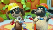 Timmy, das Schäfchen, lernt Rollerfahren.Â