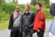 -- "Lock, Stock, Some Smoking Barrells and Burton Guster's Goblet of Fire" Episode 801 -- Pictured: (l-r) Dule Hill as Burt Guster, Cary Elwes as Pierre Despereaux, James Roday as Shawn Spencer -- (Photo by: Alan Zenuk/USA Network)