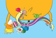 In the middle, second from the left: Lady Rainicorn (Niki Yang), On the bottom: Finn (Jeremy Shada)