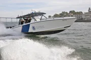 San Diego, CA, USA: Border patrol agents conduct a "fast boat drill" on the water near San Deigo-Tijuana border. In 2009, with heightened land enforcement fueling human smuggling by sea, the border patrol introduced this fast, 43-foot boat for pursiut of high-speed vehicles.