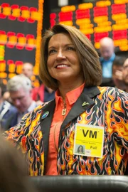 Picture Shows: Virginia McGathey, grain futures broker at Chicago Board of Trade, midshot smiling