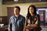 -- "COG Blocked" Episode 805 -- Pictured: (l-r) James Roday as Shawn Spencer, Kali Hawk as Emanuelle -- (Photo by: Alan Zenuk)