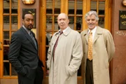 Det. Ed Green (Jesse L. Martin, li.) und Det. Joe Fontana (Dennis Farina, Mi.) ermitteln mit Captain Don Cragen (Dann Florek) im Todesfall des Kinderschänders Jacob Lowenstein, der nach seiner Entlassung aus dem Gefängnis mit einem Wagen überfahren wurde.