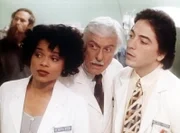 Amanda (Victoria Rowell, l.), Dr. Sloan (Dick Van Dyke, M.) und Jack (Scott Baio, r.) beobachten die Dreharbeiten zu einer Fernsehserie.