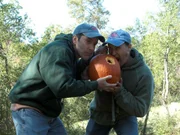 Ringy and King George hold up their shooting target, a pumpkin. KG nailed it dead center.