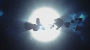 Meteoriten vor einem Weißen Zwerg.