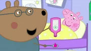 Peppa hat plötzlich ganz viele rote Punkte im Gesicht und bekommt deshalb Besuch vom Onkel Doktor.
