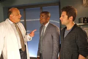 -- "Shawn and Gus Truck Things Up" Episode 807 -- Pictured: (l-r) Kurt Fuller as Woody the Coroner, Dule Hill as Gus Guster, James Roday as Shawn Spencer -- (Photo by: Alan Zenuk/USA Network)