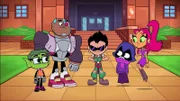 L-R: Beast Boy, Cyborg, Robin, Raven, Starfire