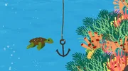 Eine kleine Schildkröte schwimmt durch das Meer und trifft auf einen Anker.
Â