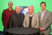(v.l.n.r.) Autor M. Carazo, Prof. J. Dillinger, Prof. A. Demandt, JC. Caron für phoenix im Greenscreen-Studio für „Was wäre wenn…?“