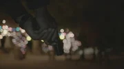 The police holding a gun at the zoo at night.