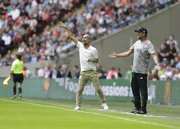 L-R: Manchester City manager Pep Guardiola and Liverpool Manager Jurgen Klopp both screaming at their players from the touchline, 4th August 2019, Wembley Stadium, Wembley, England; FA Community Shield Final football; Liverpool versus Manchester City