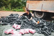 Silke Sollfrank versucht sich inmitten der ganzen Gummibänder zurechtzufinden.