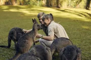 Terri Irwin with eastern grey kangaroo mob.