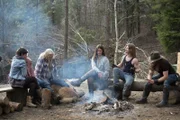 Rain, Ami, Billy, Bird, Bear, and Bam Brown around the family campfire.