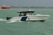 Puerto Rico: US Customs and Border Protection boat patrols the waters off the dock at the Fajardo Port of Entry.