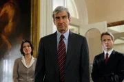 LAW & ORDER -- "The Drowned and the Saved" Episode 1922 -- Pictured: (l-r) Alana De La Garza as A.D.A. Connie Rubirosa, Sam Waterston as District Attorney Jack McCoy, Linus Roache as A.D.A. Michael Cutter -- NBC Photo: Will Hart