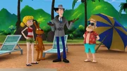 Sophie (l.) und Inspector Gadget (2.v.r.) wollen gemeinsam mit Fino (2.v.l.) Urlaub machen. Doch, wie könnte es anders sein, der Urlaub wird jäh unterbrochen, als Dr. Kralle einen neuen Welteroberungsplan in die Tat umsetzen will.