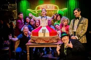 Max Fried, Anthony Fusco, Sarah Fusco, Sonny Robinson, Raul Hernandez and Brittnee Klinger as well as the Absinthe Show's crews are posing beside the Absinthe cake, as seen on Food Network's Vegas Cakes.