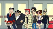 Gina Madonna Falcone (l.), Jimmy Falcone (3.v.l.), Cookie Falcone (m.), Petey Falcone (3.v.r.), Theresa Maria Falcone (2.v.r.), Cheech Falcone (r.)
