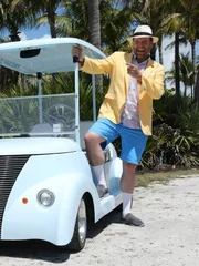 Josh Gates drives a golf cart around Gasparilla Island in Florida, named after the legendary pirate, Jose Gaspar.