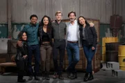 L-R: Matty Webber (Meredith Eaton), Wilt Bozer (Justin Hires), Riley Davis (Tristan Mays),Angus "Mac" MacGyver ( Lucas Till), Russ Taylor(Henry Ian Cusick), Desi Nguyen (Levy Tran)