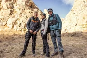 Bear Grylls, Caitlin Parker and Bobby Bones at the end of their journey. (National Geographic/Ben Simms)