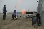 Kevin and Grant test their pulse jet engine on location.