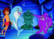 Dexter (re.) fürchtet um die Statue seines Ahnen. Flipper & Lopaka wissen dies zu ihren Gunsten zu nutzen.
