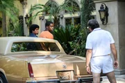 L-R: Isaiah John as Leon Simmons, Damson Idris as Franklin Saint and Alon Aboutboul as Avi Drexler.