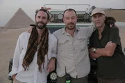 Joe and Ran Fiennes with series director Matt Dyas filming at the pyramids in Giza.