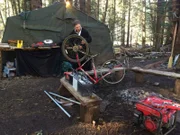 Noah Brown works on bicycle generator.