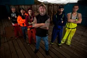 Cornelia Marie Captain Phil Harris (center) and his crew (from left to right) Greenhorn Ryan Simpson, Engineer Steve Ward, Deckhand Jake Harris, Deckhand Josh Harris and Deckhand Freddy Maugatai are photographed on the Cornelia Marie during Deadliest Catch season six. (photo by Rick Gershon/Reportage by Getty Images)