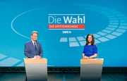 Drei Tage vor der Wahl treffen die Spitzenkandidaten der im Landtag vertretenen Parteien und der LINKEN aufeinander und diskutieren über die wichtigsten landespolitischen Themen. Dabei sind v.l.: SWR Moderatorin Stephanie Haiber, SWR Moderator Michael Matting. Weiter Bilder finden Sie unter: https://share.ard-zdf-box.de/s/ErJtRHrwq94qnBn
