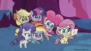 L-R, über: Applejack, Twilight Sparkle, Pinkie Pie, Fluttershy; neider: Rarity, Rainbow Dash