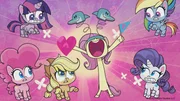 L-R, neider: Pinkie Pie, Applejack, Fluttershy, Rarity; über: Twilight Sparkle, Rainbow Dash