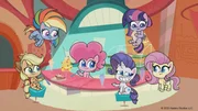 L-R: Applejack, Rainbow Dash, Pinkie Pie, Rarity, Twilight Sparkle, Fluttershy