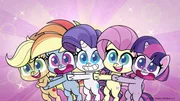 L-R: Applejack, Rainbow Dash, Rarity, Fluttershy, Twilight Sparkle