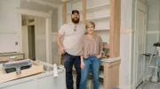 As seen on Home Town, Ben and Erin Napier install custom open kitchen cabinetry during renovations to the Thornton residence in Laurel, Mississippi.