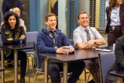 Stephanie Beatriz (Rosa Diaz), Andy Samberg (Jake Peralta), Joe Lo Truglio (Charles Boyle).