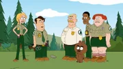 Erleben aufregende Abenteuer im Brickleberry Nationalpark (v.l.n.r.): Ethel, Steve, Woody, Malloy, Denzel, Connie Erleben aufregende Abenteuer im Brickleberry Nationalpark (v.l.n.r.): Ethel, Steve, Woody, Malloy, Denzel, Connie
