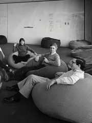 Researchers meet on beanbag chairs at Xerox PARC.
