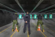 shooting gallery. Police officers are preparing to shoot