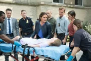 Dominick "Sonny" Carisi (Peter Scanavino, 2.v.l.), Olivia Benson (Mariska Hargitay, M.), Odafin 'Fin' Tutuola (Ice-T, 4.v.r.), Sophie Harris (Kylie McVey, liegend)