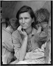 Mittellose Erbsenpflücker in Nipomo, Kalifornien, 1936. Die 32-jährige Florence Owens Thompson wird mit drei ihrer damals sieben Kinder gezeigt. Das Bild "Migrant Mother" wird zu einem der berühmtesten Fotos der US-amerikanischen Fotografie-Geschichte.